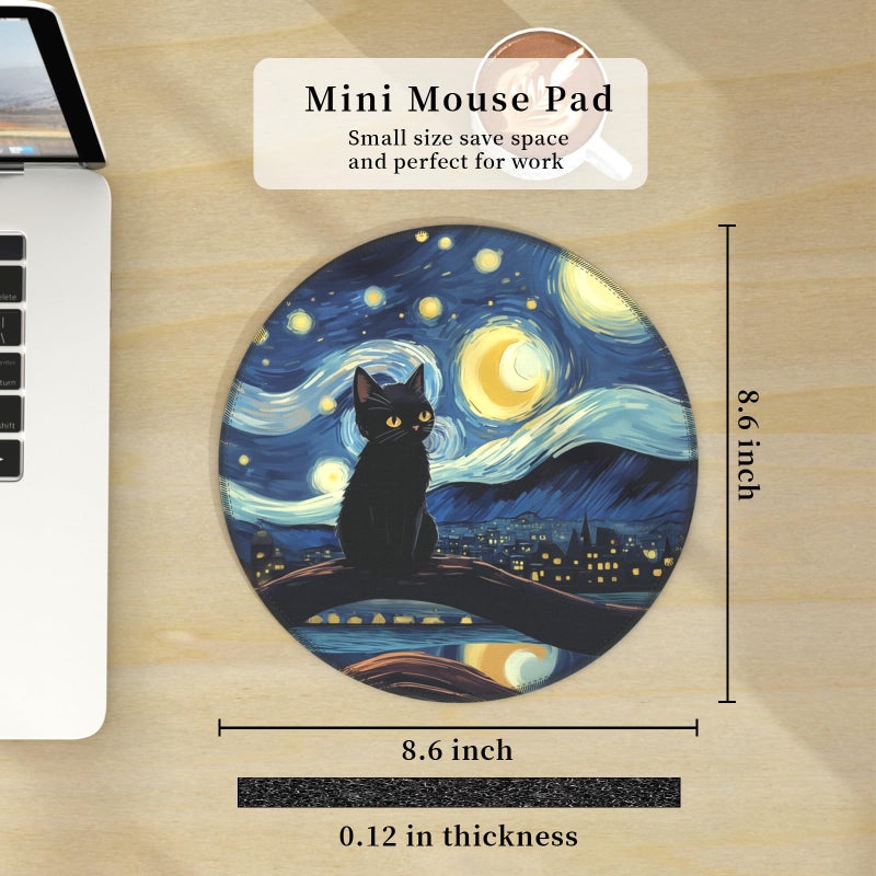 Hancynir Black Cat Mouse Pad for Desk, Starry Night Small Cute Mousepad with Non-Slip Rubber Base, Round Mouse Pads for Wireless Mouse Laptop, Computer Mouse Mat for Home Office Desk Accessories - Image 3